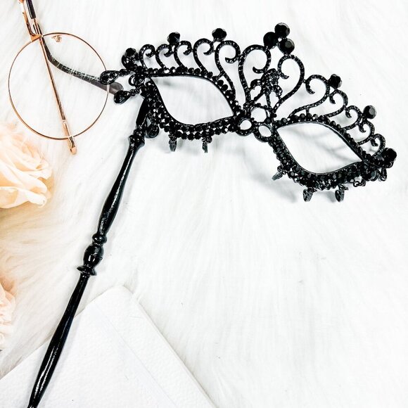 Black Masquerade Mask with Stick, Crystal Masquerade Mask, Prom Mask, Party Mask - Picture 2 of 9